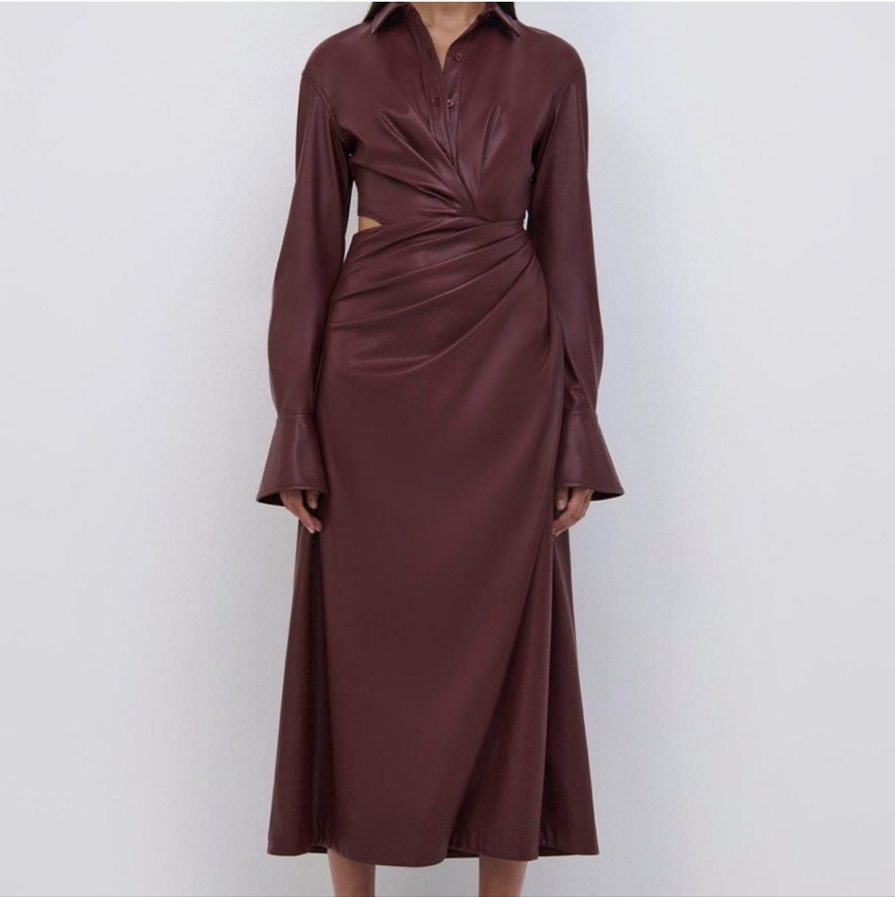 🔥Jonathan Simkhai Draped Cut-Out Mulberry Color Vegan Leather Midi Shirt Dress